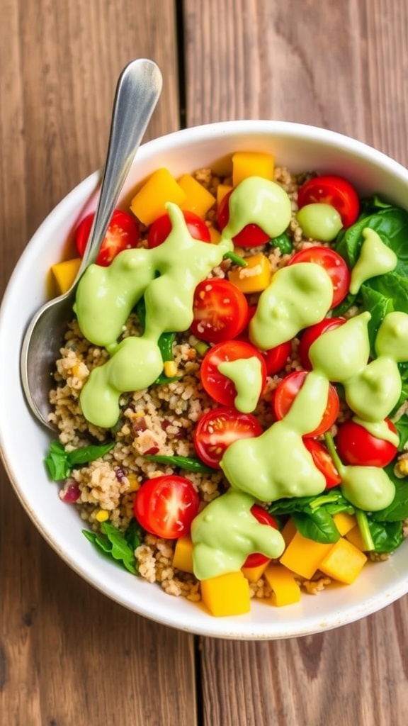 A quinoa bowl with colorful vegetables and creamy avocado dressing on a wooden table.